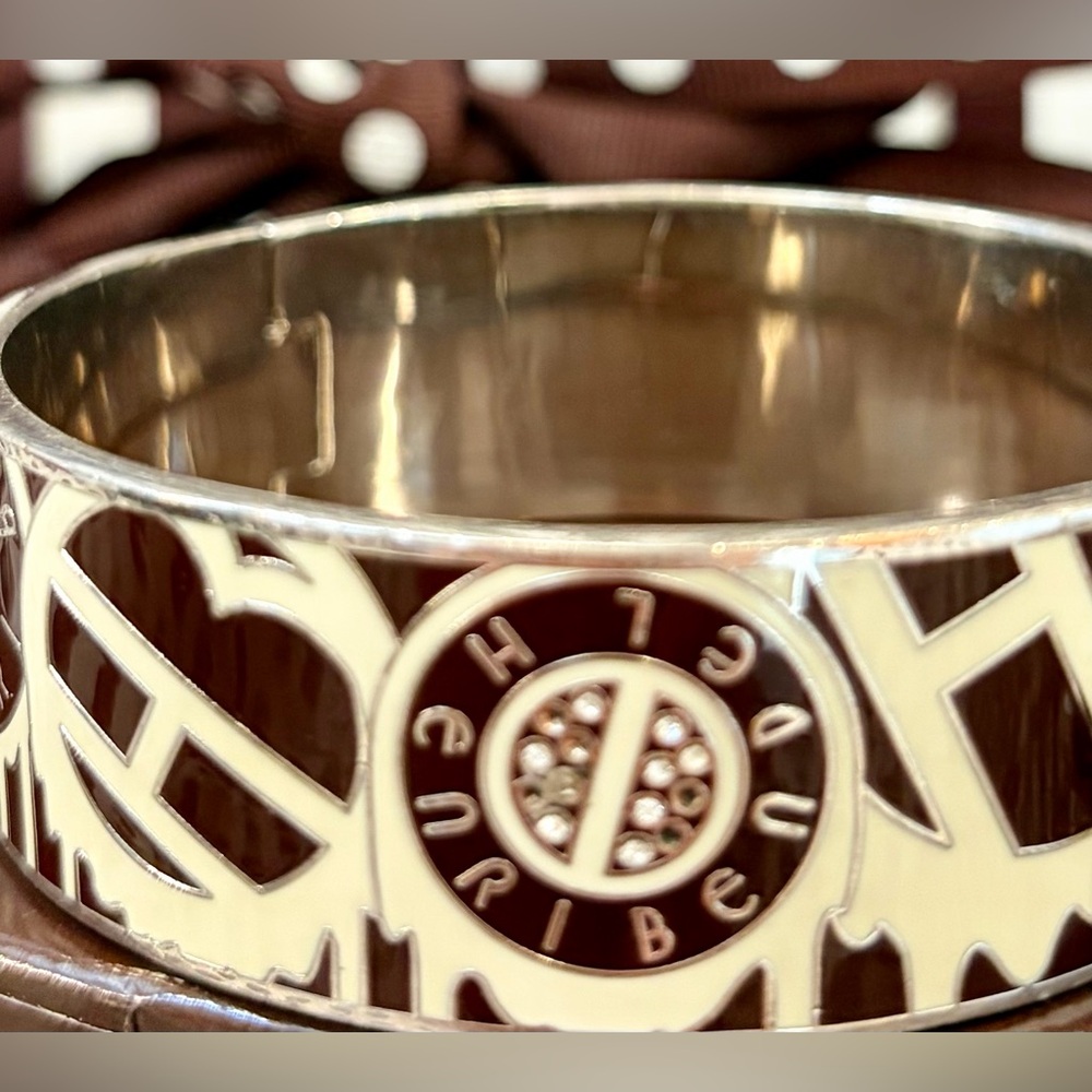 HENRI BENDEL Cream and Brown Enamel Logo Bangle Cuff w/Gold Accents & Crystals - Picture 15 of 16
